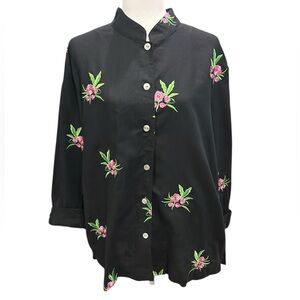 Vintage Black Linen-Cotton Blouse with Pink Floral Embroidery